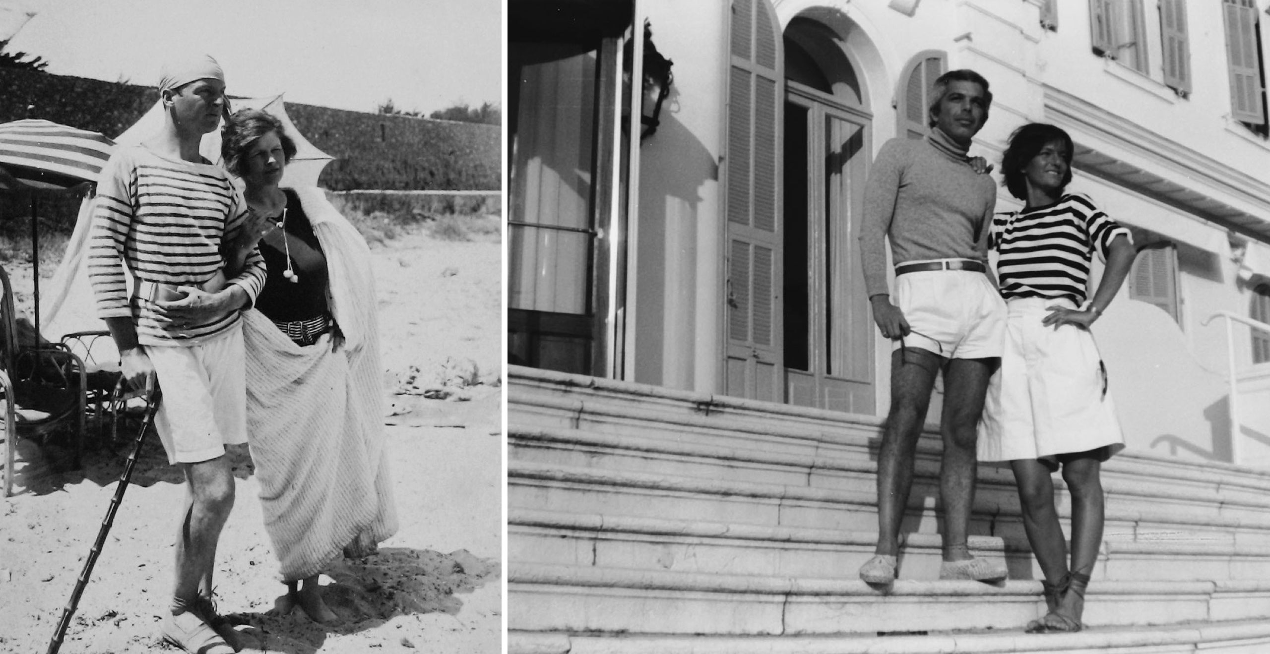 Gerald and Sara Murphy at Cap d&rsquo;Antibes beach, 1923; Ralph Lauren and Buffy Birrittella channeling Sara and Gerald on the steps of the Hotel du Cap-Eden-Roc in 1977