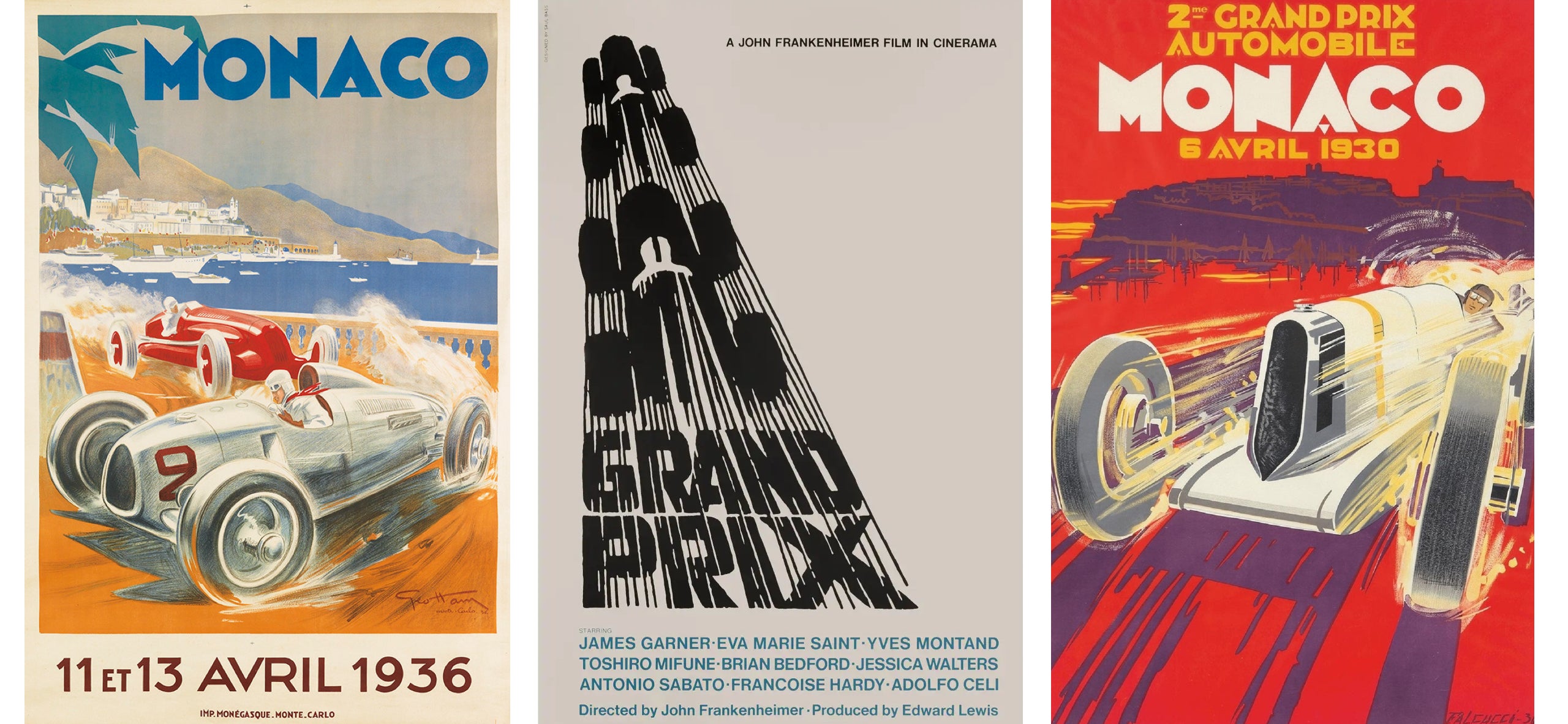 <div class="10-col-caption"><span><strong>RARES TROUVAILLES </strong></span><br/><span>&Agrave; partir de la gauche :  G&eacute;o Ham d&eacute;peint la bataille entre une Auto Union GL et une Alfa Romeo ; Saul Bass pr&eacute;f&egrave;re l'abstraction &agrave; l'Art d&eacute;co pour l'affiche du film &laquo; Grand Prix &raquo; ; Robert Falcucci capture un duel entre le jour et la nuit. </span><br/><span class="caption-sub"><em>Affiches de l'&eacute;poque Art d&eacute;co avec l'aimable autorisation de Tomkinson Churcher. </em> </span><br/></div>