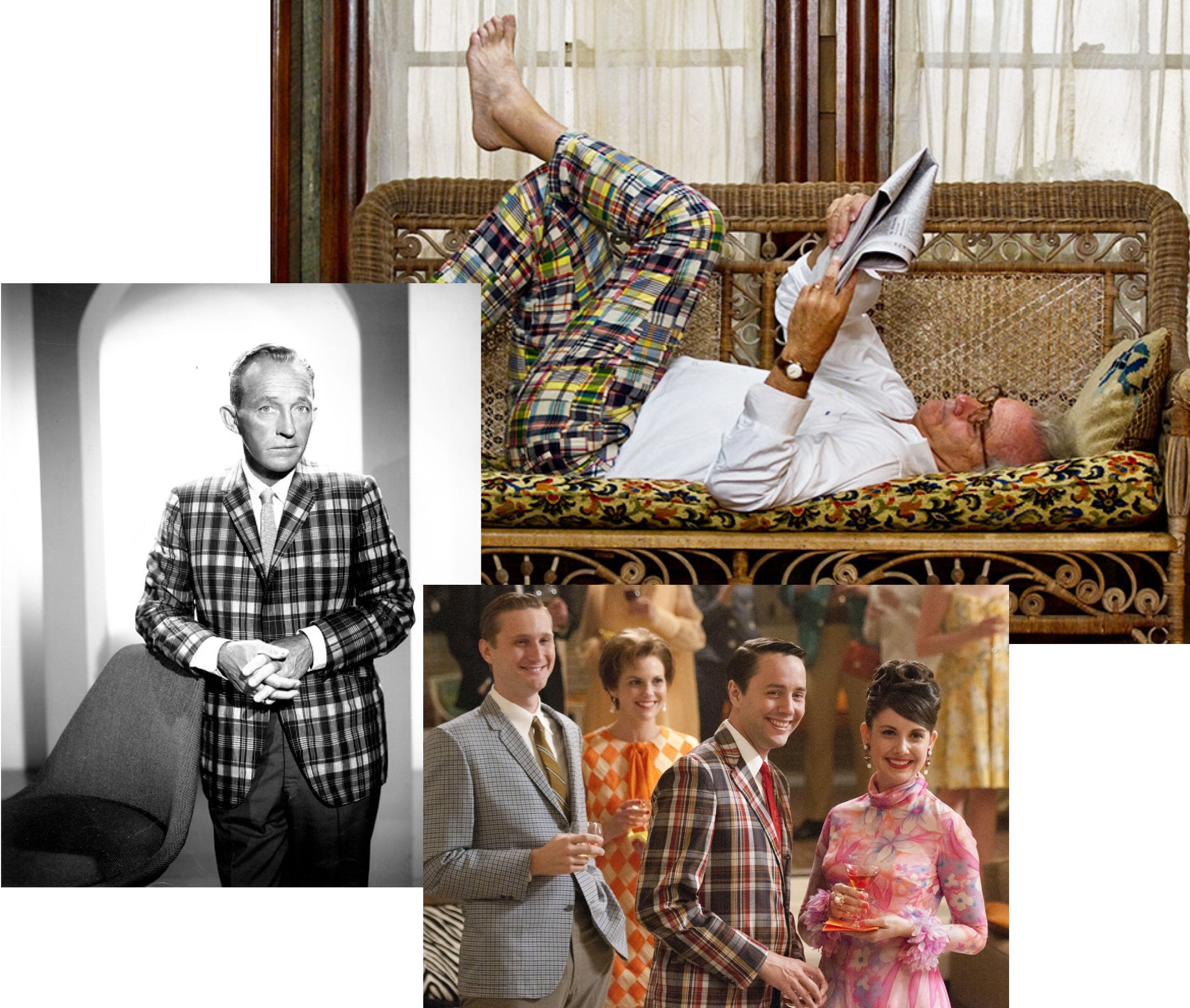         <strong>LES HOMMES S'HABILLENT EN MADRAS</strong><br />        <span          >Bing Crosby en 1955, Bill Murray dans <em>Moonrise Kingdom</em>, et          Pete Campbell, dans la s&eacute;rie <em>Mad Men</em>.</span        >      