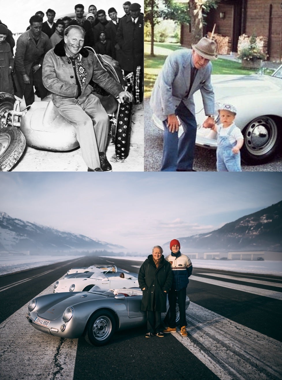 <span>(Linksboven) De oorspronkelijke Ice Races werden gehouden in Zell am See ter ere van Ferdi's overgrootvader, professor Ferdinand Porsche. Hier is Porsche-coureur Otto Math&eacute;, die de Ice Race won vijf keer, afgebeeld met zijn zelfgebouwde auto, de 'Fetzenflieger', vernoemd naar het spoor van brandende flarden die hij in zijn kielzog zou achterlaten</span><br/><br/><span>(Rechtsboven) De driejarige Ferdi en zijn opa, Ferry Porsche, staan voor de eerste auto die zijn opa ooit onder zijn eigen naam produceerde </span><br/><span class="caption-sub"><em>Fotograaf: Susanne Porsche</em></span><br/><br/> <span>(Onder) Ferdi (rechts) met zijn vader, dr. Wolfgang Porsche (links), tijdens de Ice Race van 2021, met een rij klassieke Porsche 550 Spyders achter hen </span><br/><span class="caption-sub"><em>Fotograaf: Stephan Bauer </em> </span><br/>