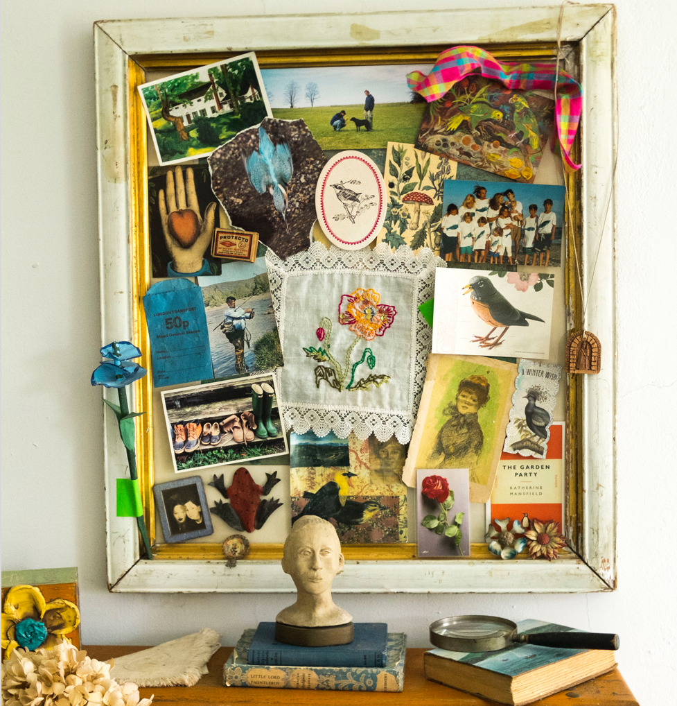 Create a romantic collage in a vintage frame and hang it in whatever room the theme suggests—a  cook’s collage in the kitchen, a gardener’s collage in a garden shed, a children’s artwork collage in their bedroom