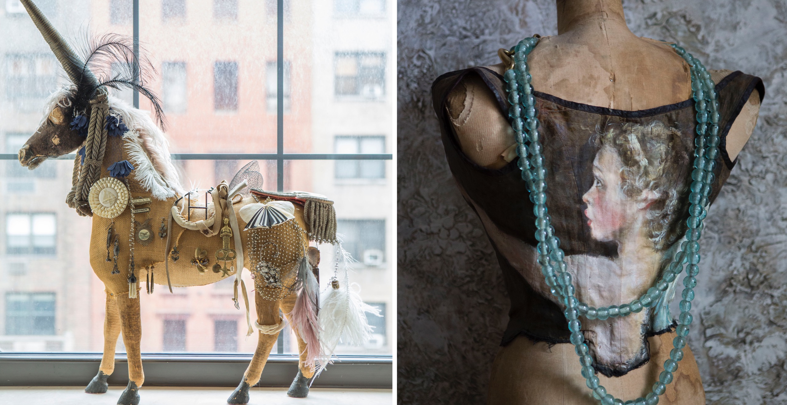Left to right: Collector and artist Daniela Kamiliotis rescued this tattered horse at a flea market and transformed him into a magical unicorn encrusted with some of her fabulous finds. His tail is a vintage epaulet!; A romantic portrait of a girl by Daniela on a vintage garment adorns an antique dress form framed with sea glass beads