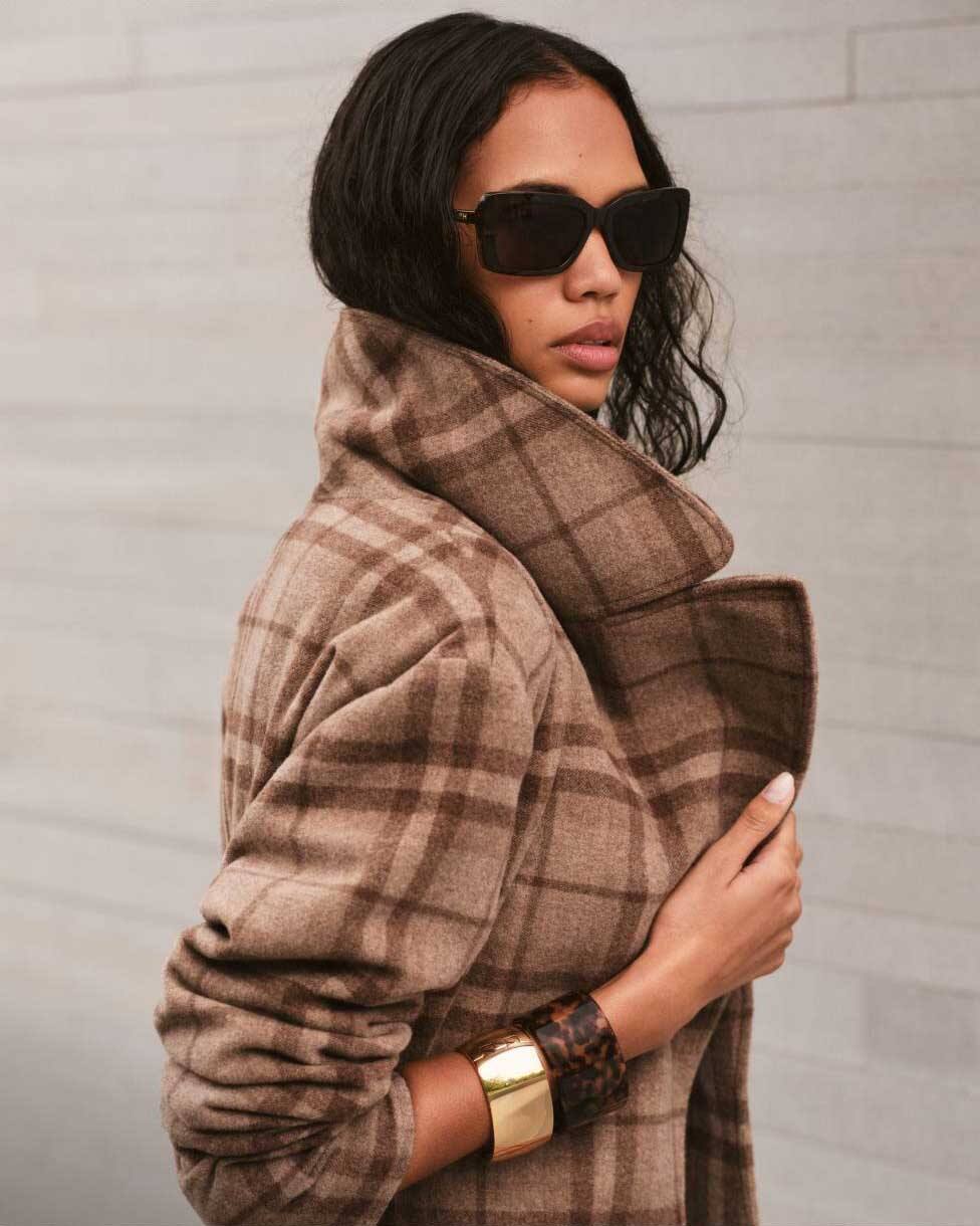 Plaid Wool-Blend Twill Wrap Coat