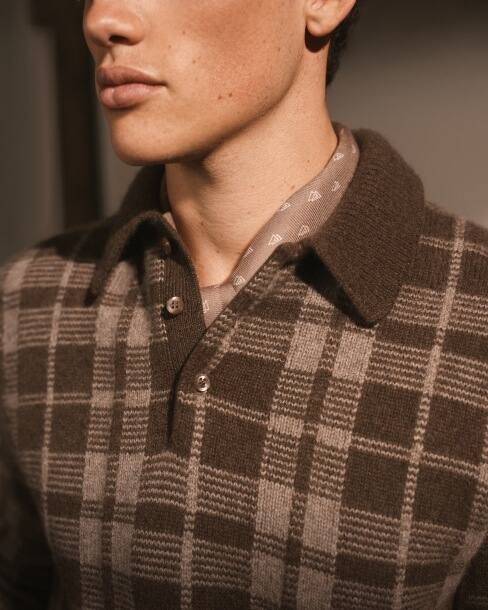 Plaid Cashmere Polo-Collar Jumper