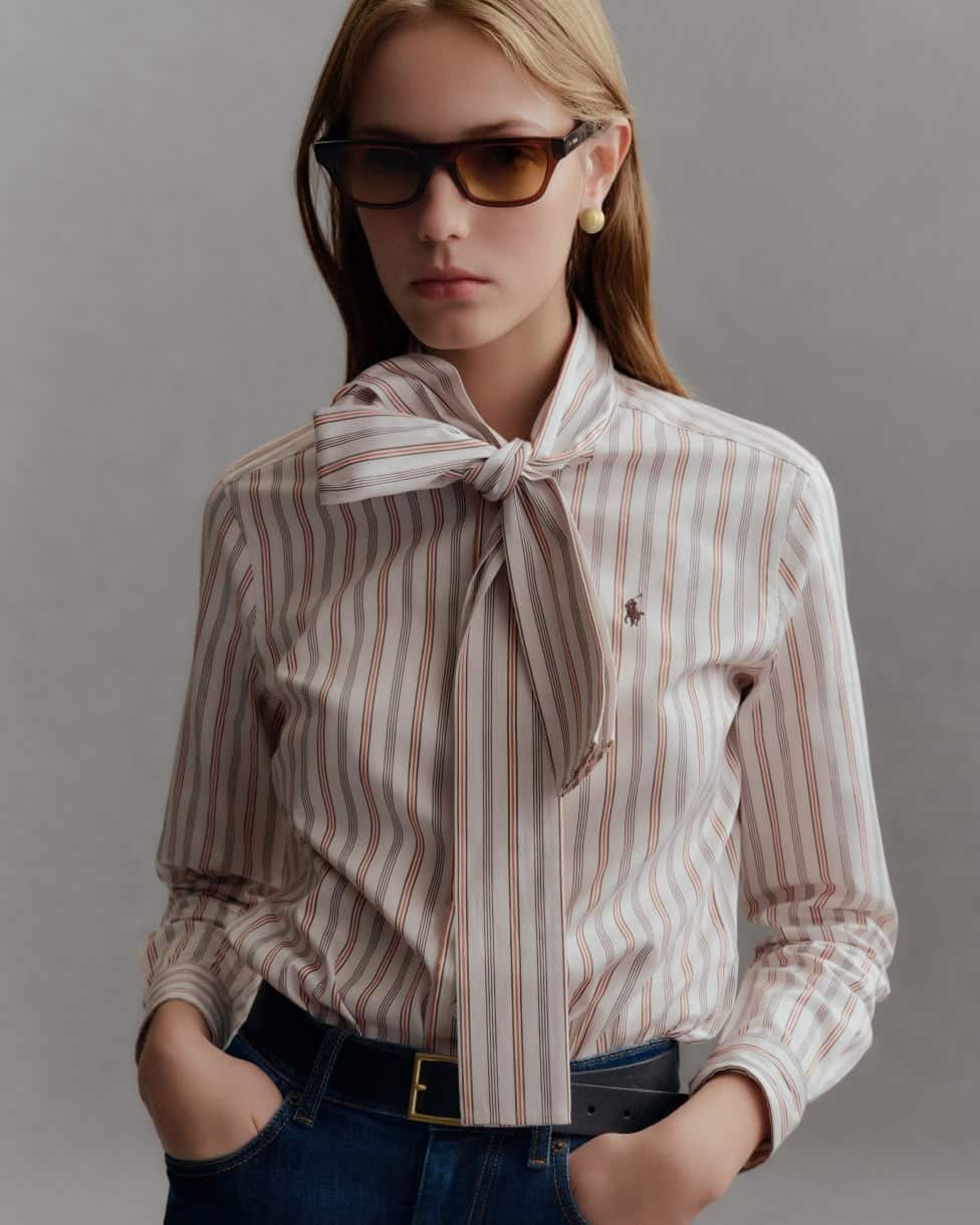 Chemise lavallière rayée coton Slim Fit